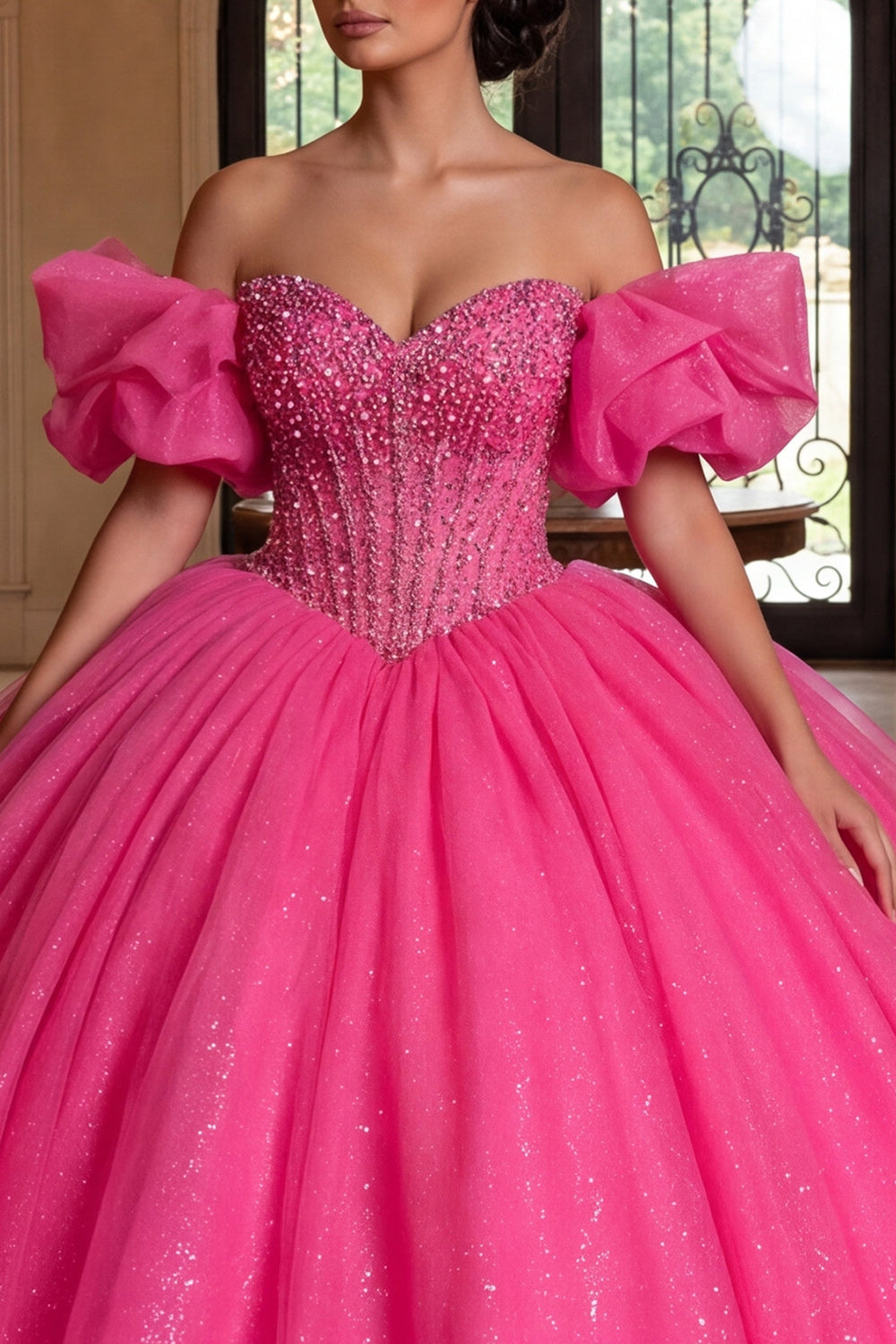 Sparkly Fuchsia Princess Strapless Long Corset Beaded Quinceanera Dress