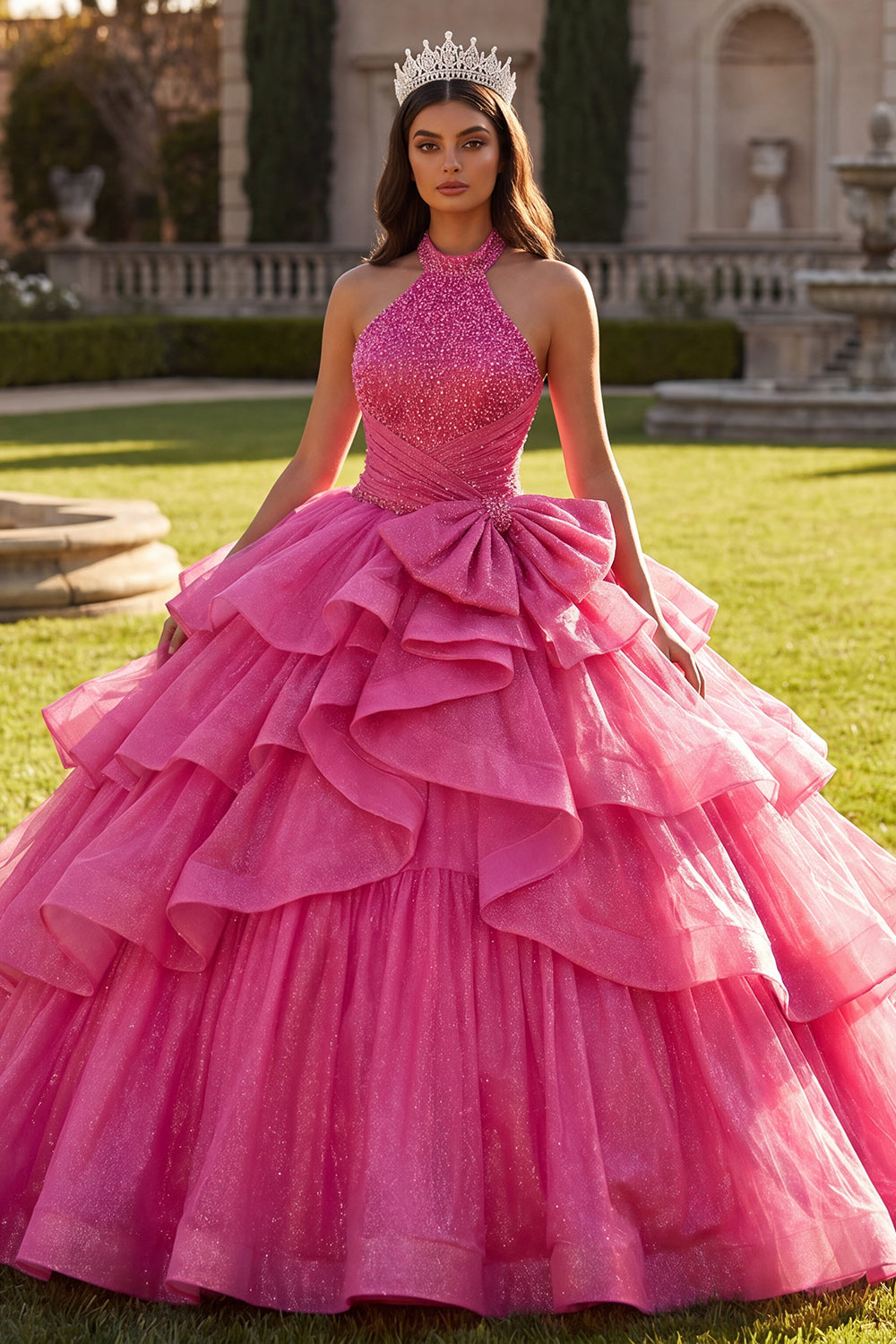 Sparkly Fuchsia Princess Halter Long Ruched Beaded Quinceanera Dress with Ruffles