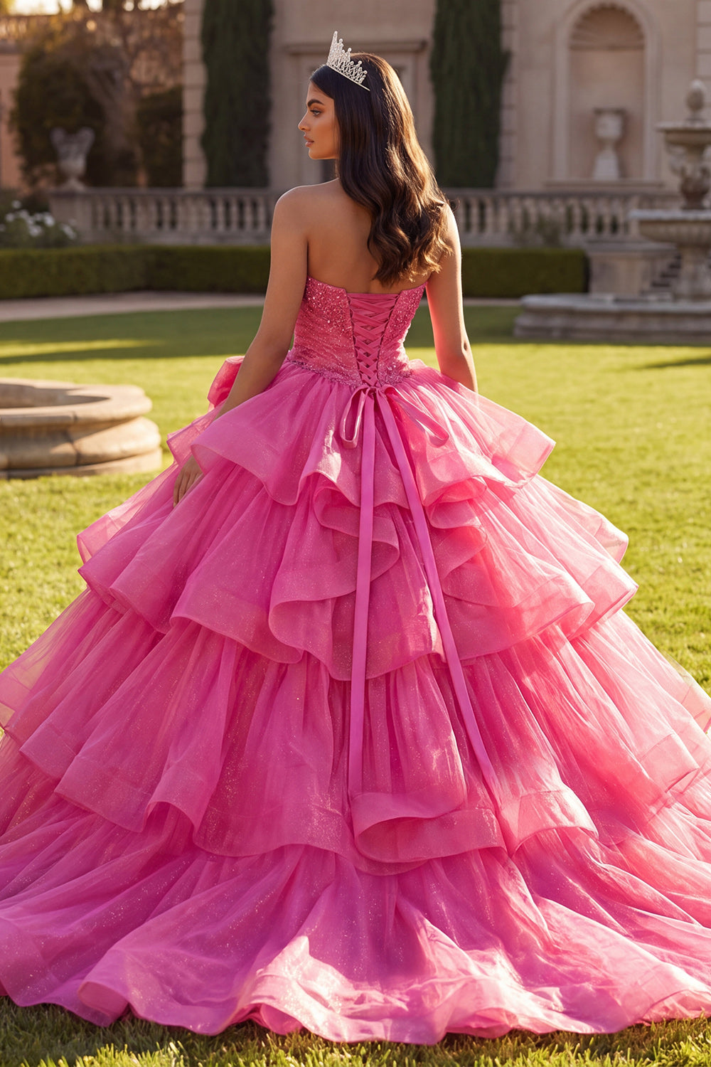 Sparkly Fuchsia Princess Halter Long Ruched Beaded Quinceanera Dress with Ruffles