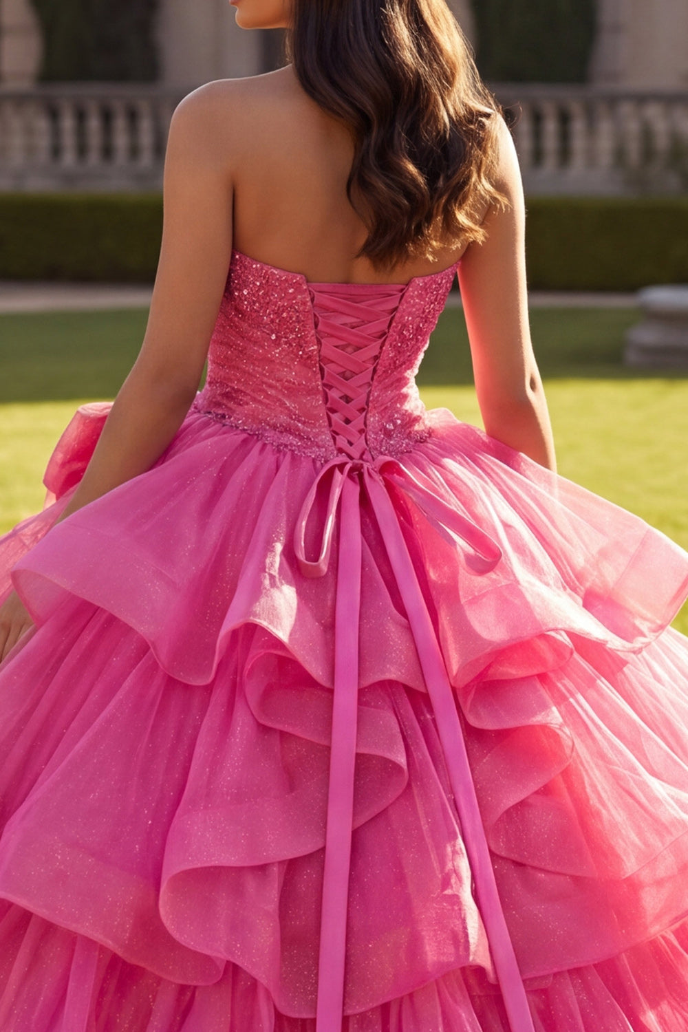 Sparkly Fuchsia Princess Halter Long Ruched Beaded Quinceanera Dress with Ruffles