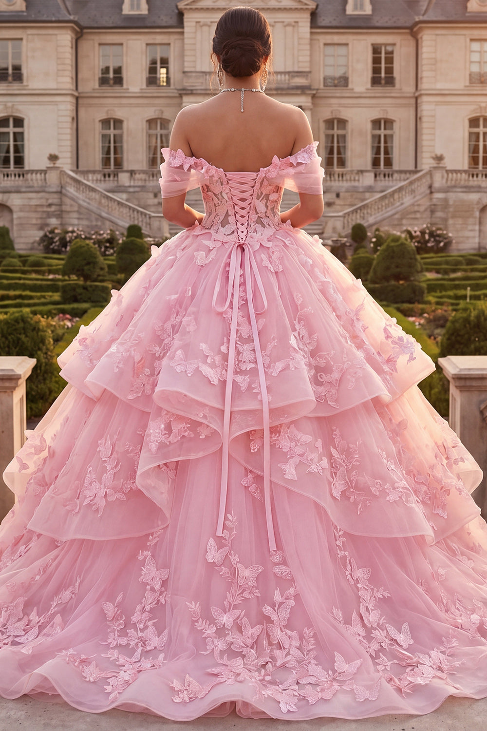 Pink Off the Shoulder Long Butterflies Princess Quinceanera Dress with Ruffles