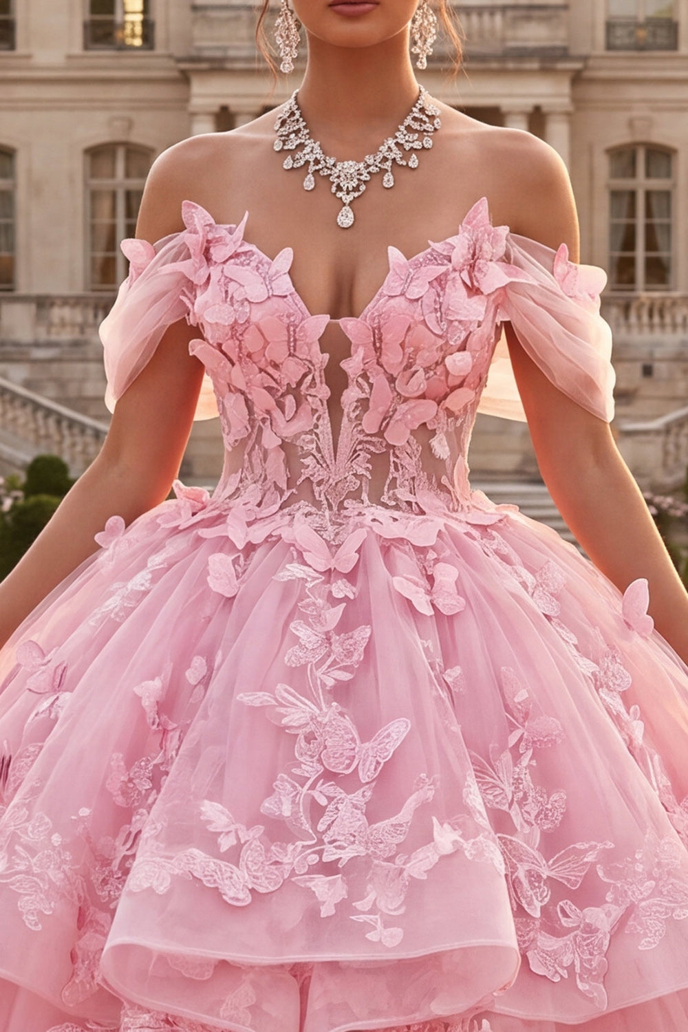 Pink Off the Shoulder Long Butterflies Princess Quinceanera Dress with Ruffles