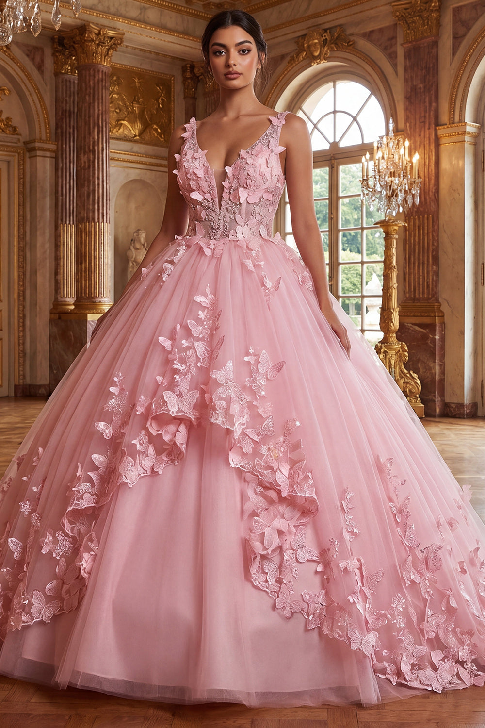 Pink Princess V-Neck Corset Long Quinceanera Dress with Butterflies