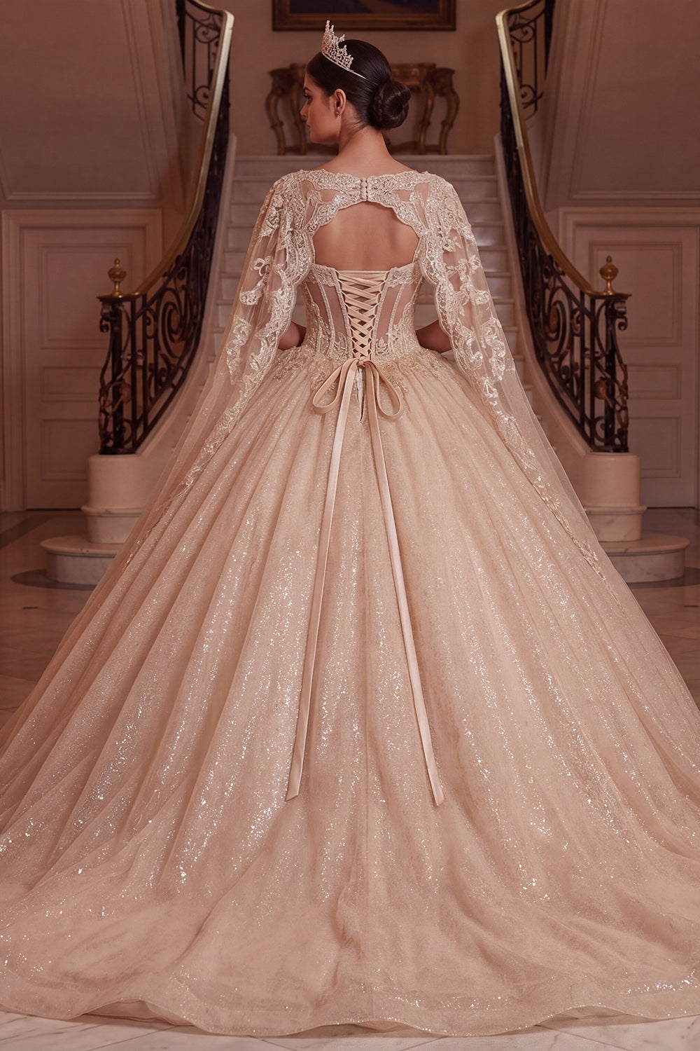Champagne Glitter Princess Long V-Neck Corset Quinceanera Dress with Cape