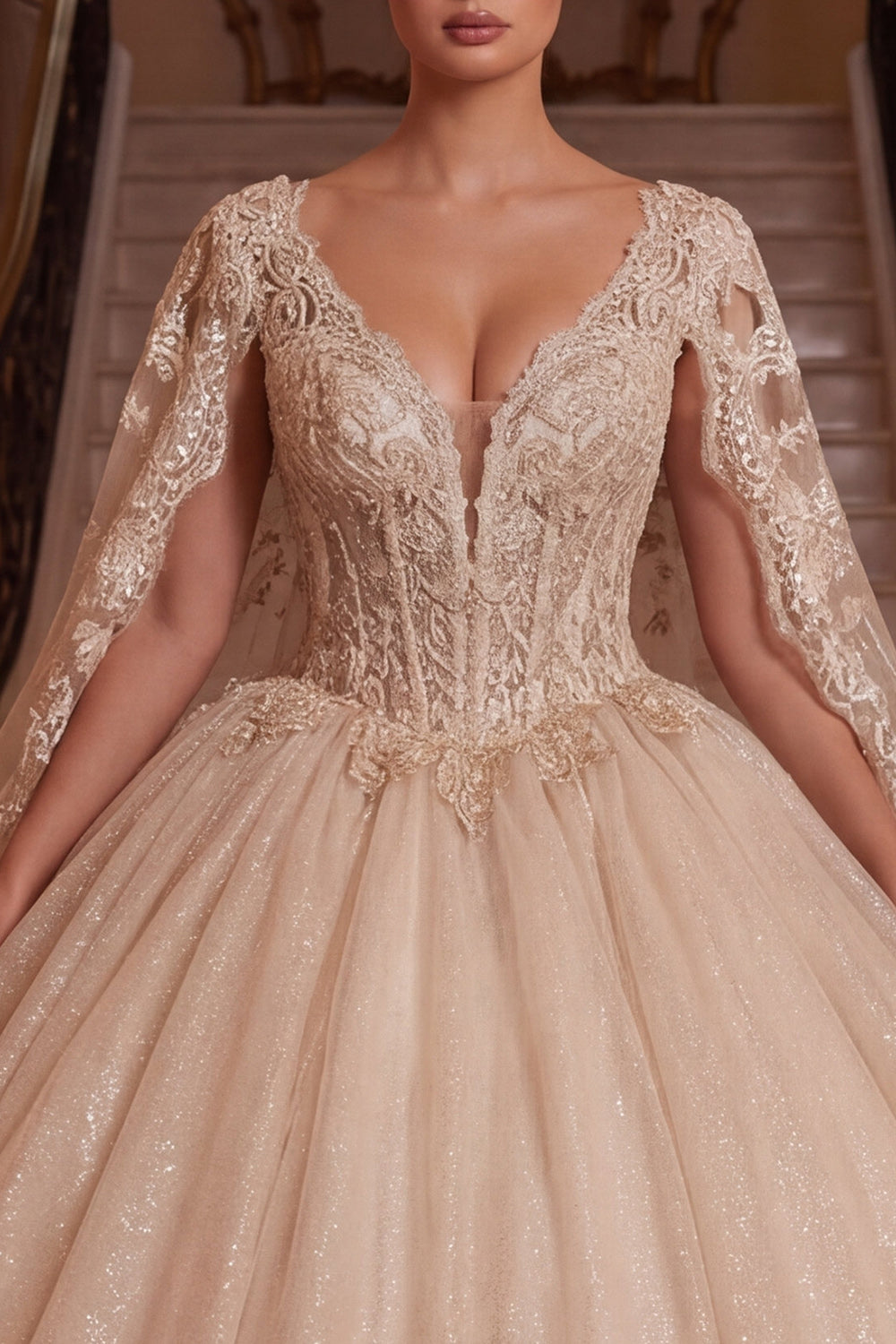 Champagne Glitter Princess Long V-Neck Corset Quinceanera Dress with Cape