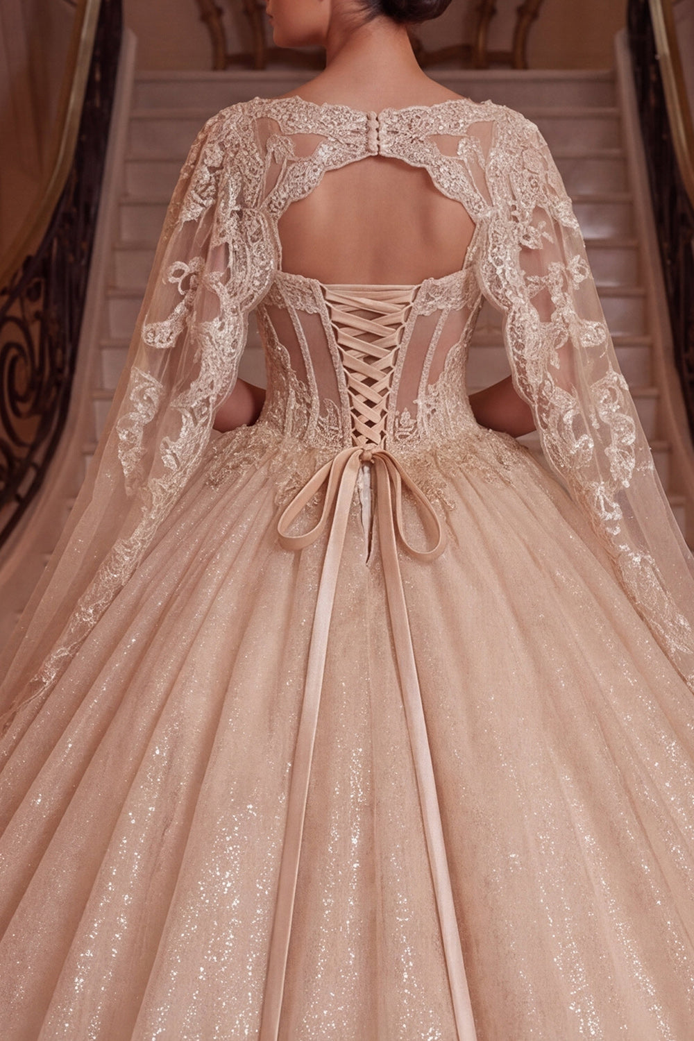 Champagne Glitter Princess Long V-Neck Corset Quinceanera Dress with Cape