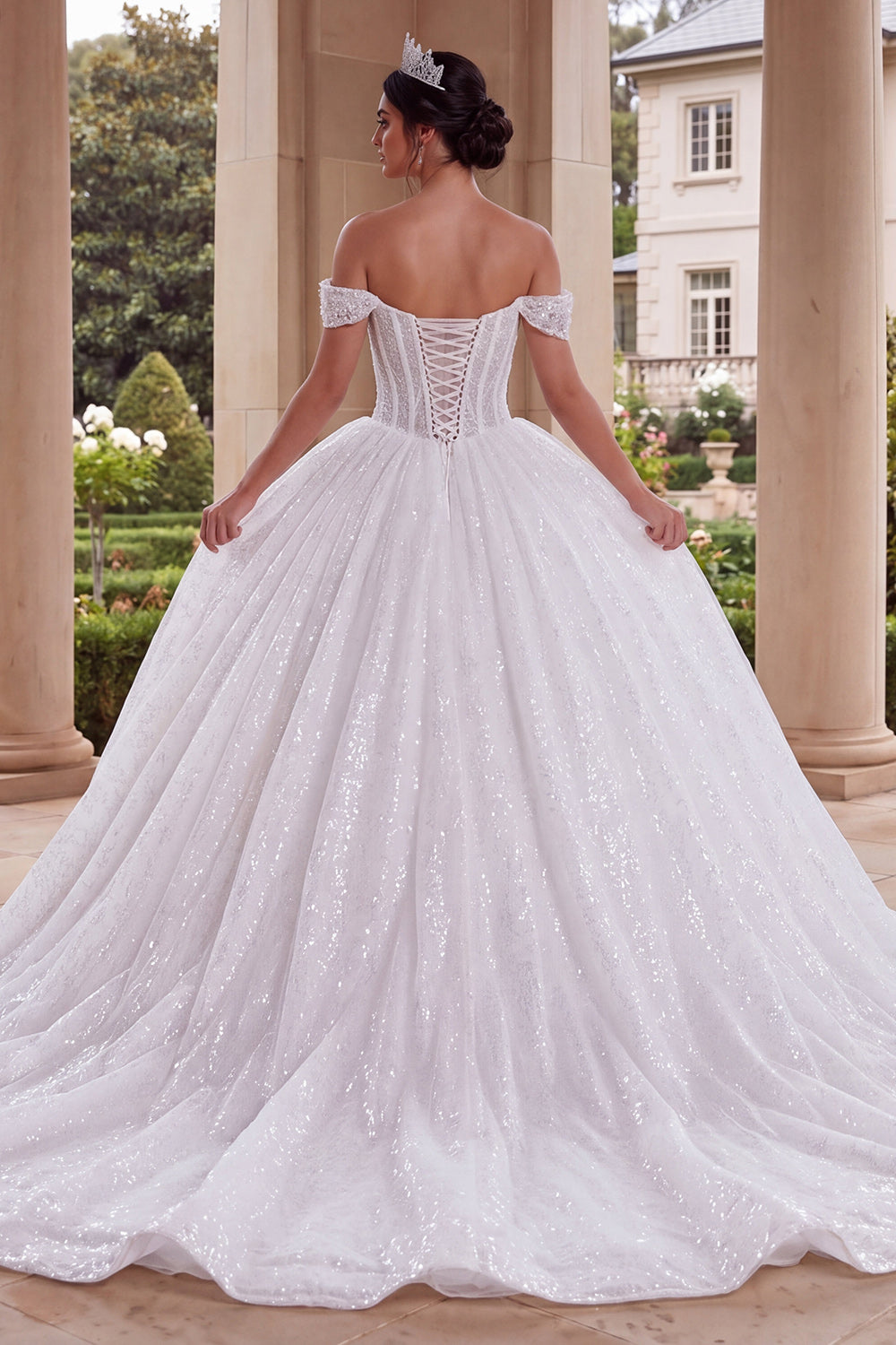 Sparkly White Princess Off the Shoulder Long Quinceanera Dress with Beading