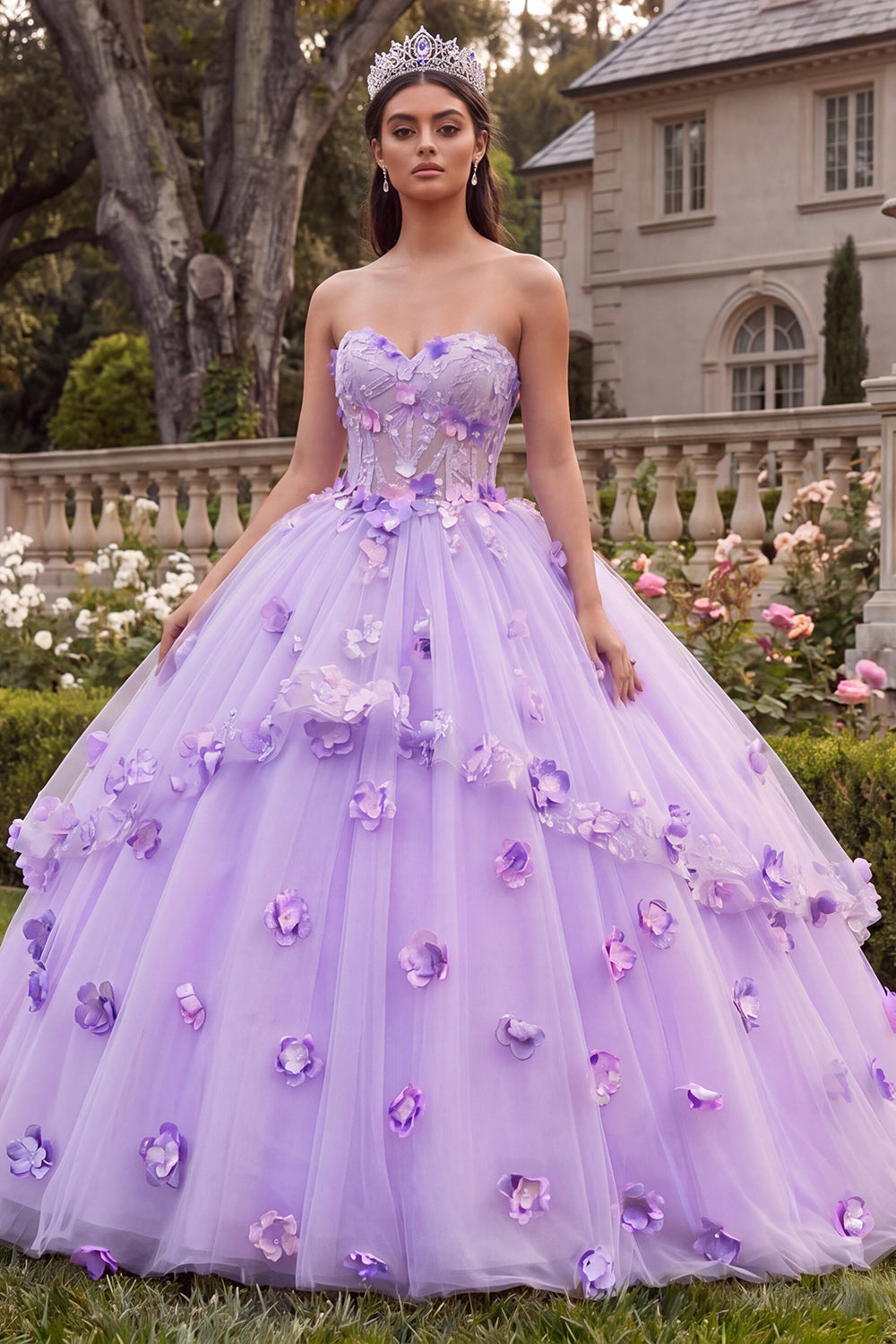 Lilac Corset Strapless Long Floral Princess Quinceanera Dress