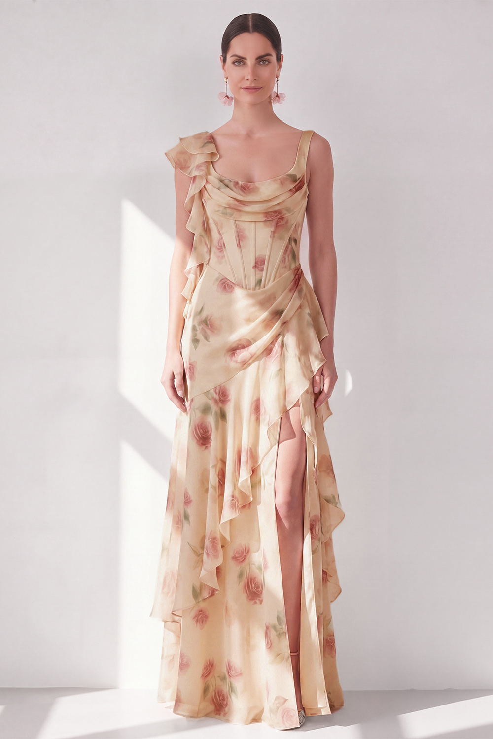 Apricot Scoop Ruffled Floral Corset Maxi Formal Dress with Slit
