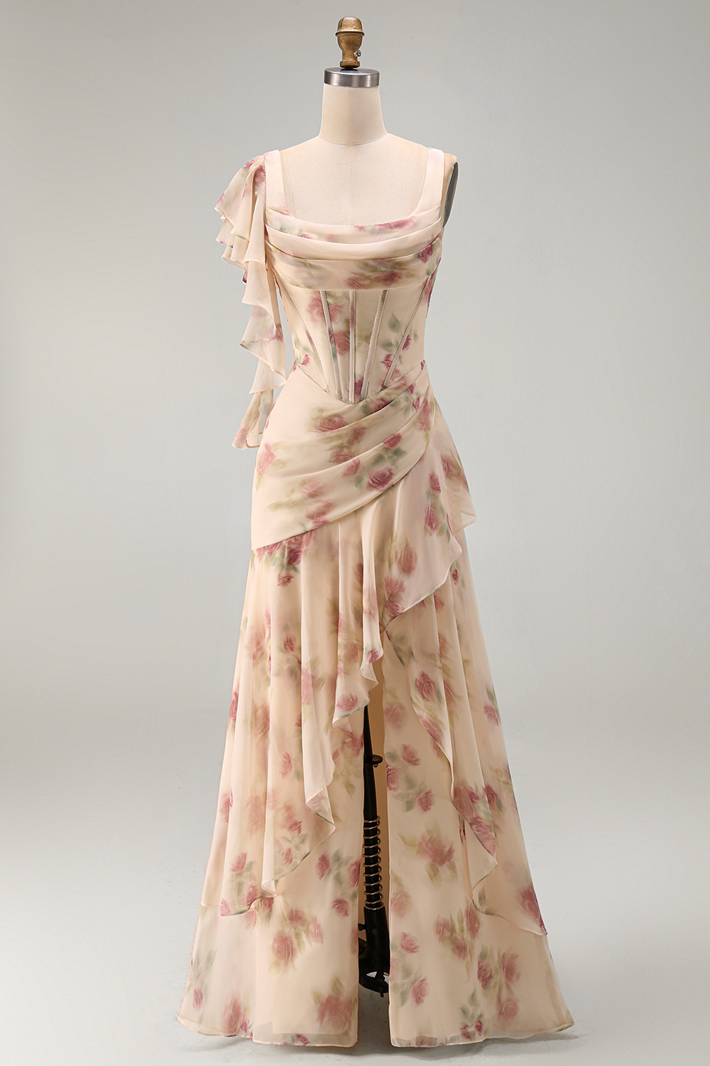 Apricot Scoop Ruffled Floral Corset Maxi Formal Dress with Slit