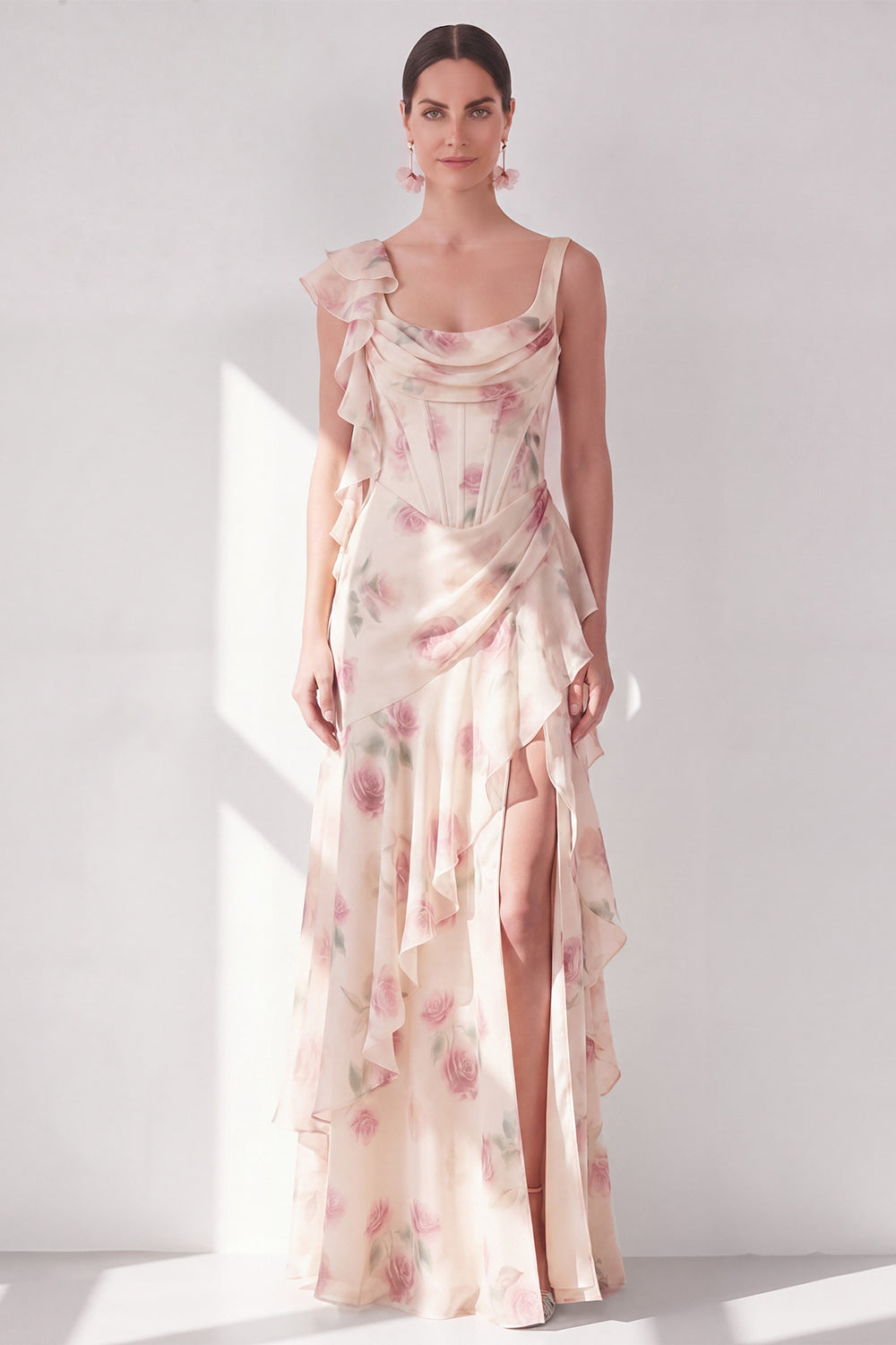 Apricot Scoop Ruffled Floral Corset Maxi Formal Dress with Slit