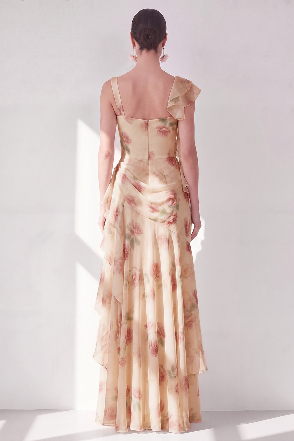 Apricot Scoop Ruffled Floral Corset Maxi Formal Dress with Slit
