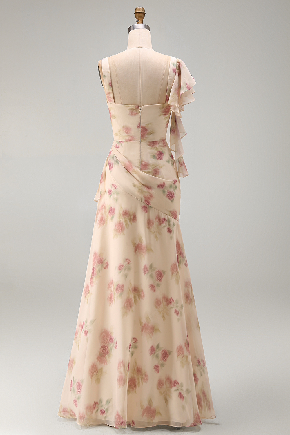 Apricot Scoop Ruffled Floral Corset Maxi Formal Dress with Slit