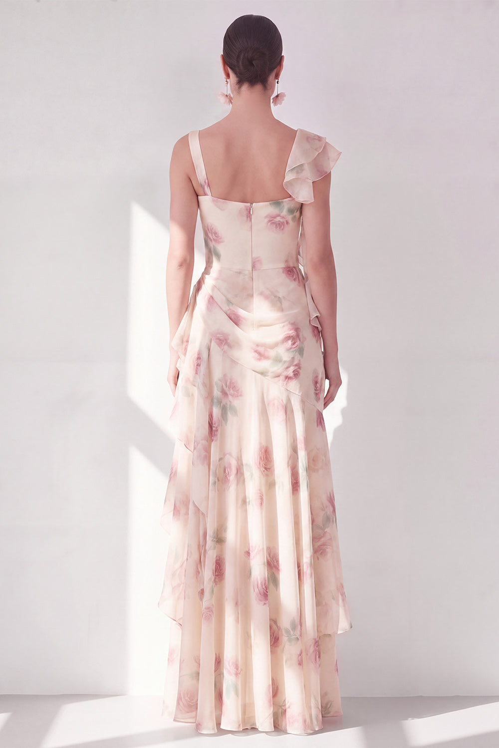 Apricot Scoop Ruffled Floral Corset Maxi Formal Dress with Slit