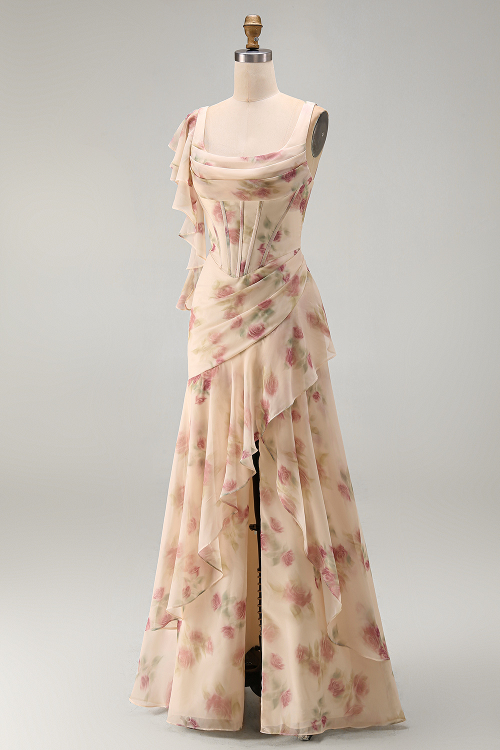 Apricot Scoop Ruffled Floral Corset Maxi Formal Dress with Slit