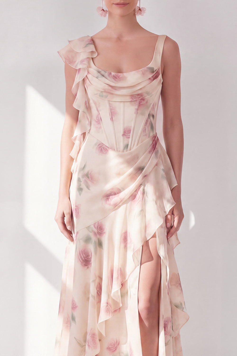 Apricot Scoop Ruffled Floral Corset Maxi Formal Dress with Slit