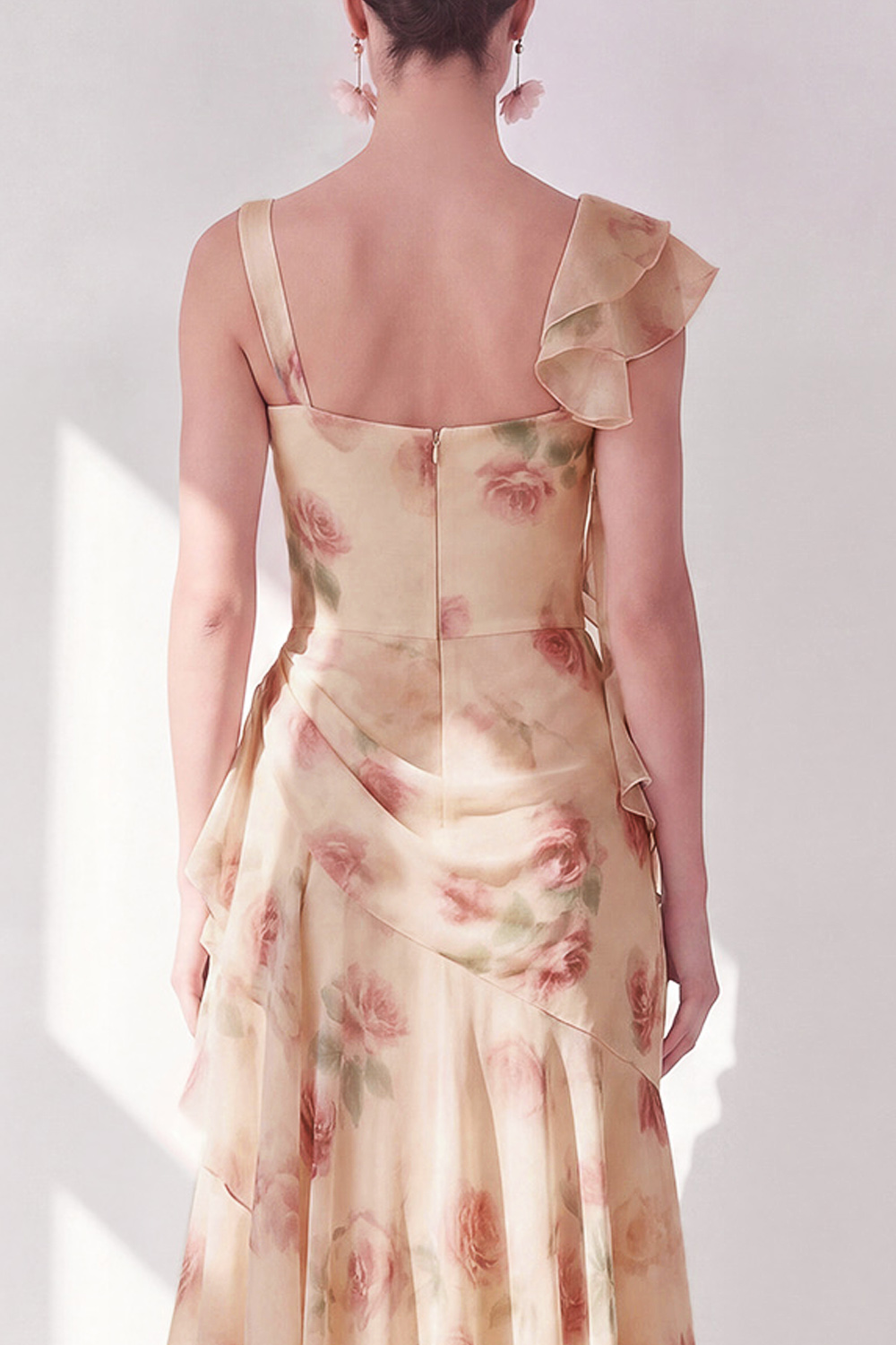 Apricot Scoop Ruffled Floral Corset Maxi Formal Dress with Slit