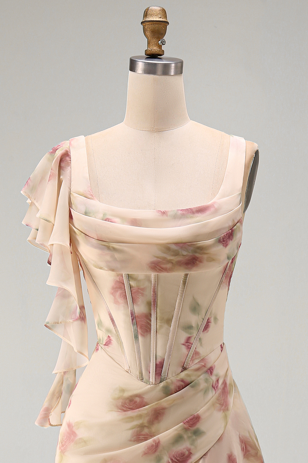 Apricot Scoop Ruffled Floral Corset Maxi Formal Dress with Slit