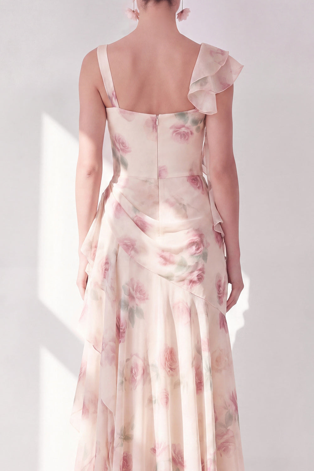 Apricot Scoop Ruffled Floral Corset Maxi Formal Dress with Slit
