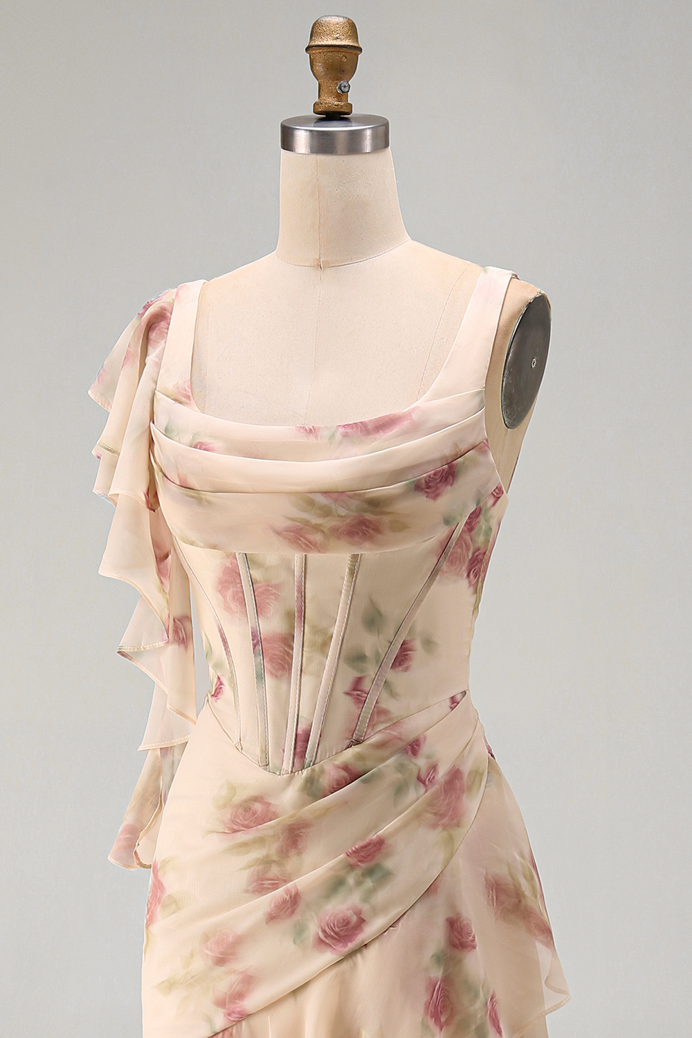 Apricot Scoop Ruffled Floral Corset Maxi Formal Dress with Slit