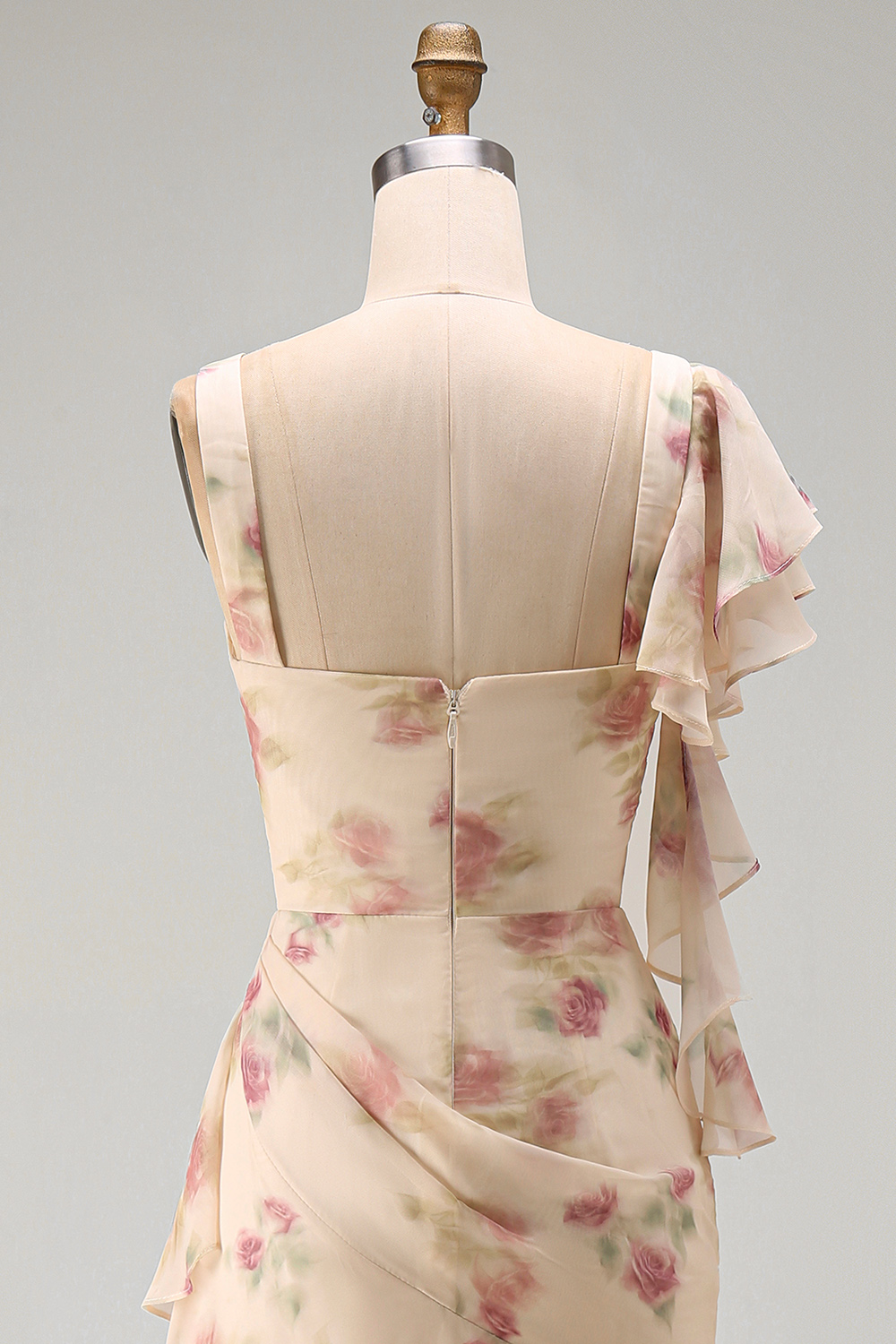Apricot Scoop Ruffled Floral Corset Maxi Formal Dress with Slit