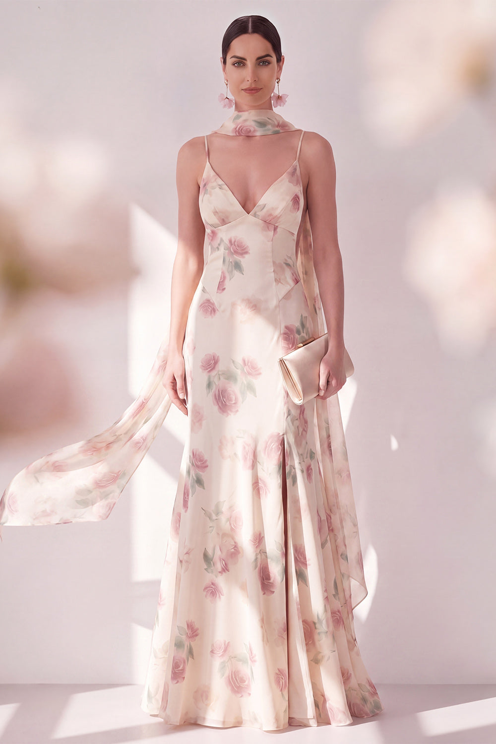Spaghetti Straps Apricot Floral Maxi Formal Dress with Slit