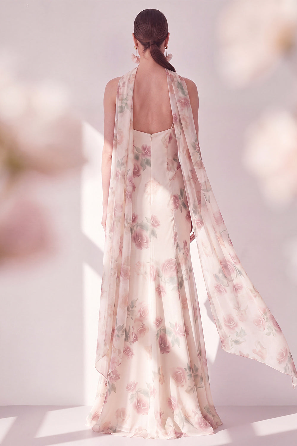 Spaghetti Straps Apricot Floral Maxi Formal Dress with Slit