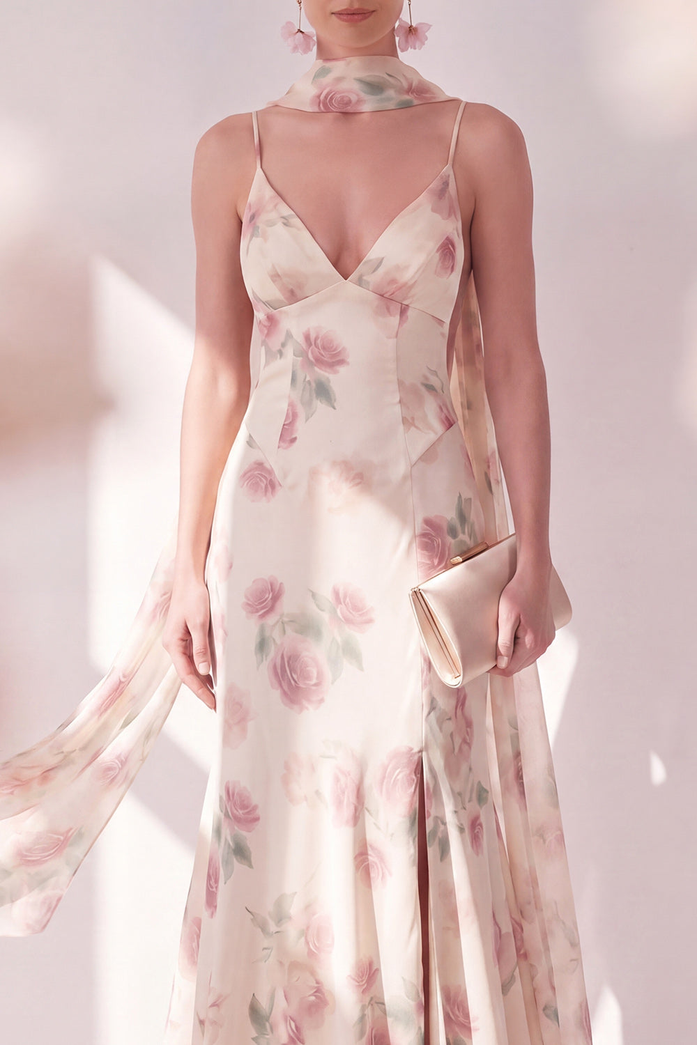 Spaghetti Straps Apricot Floral Maxi Formal Dress with Slit