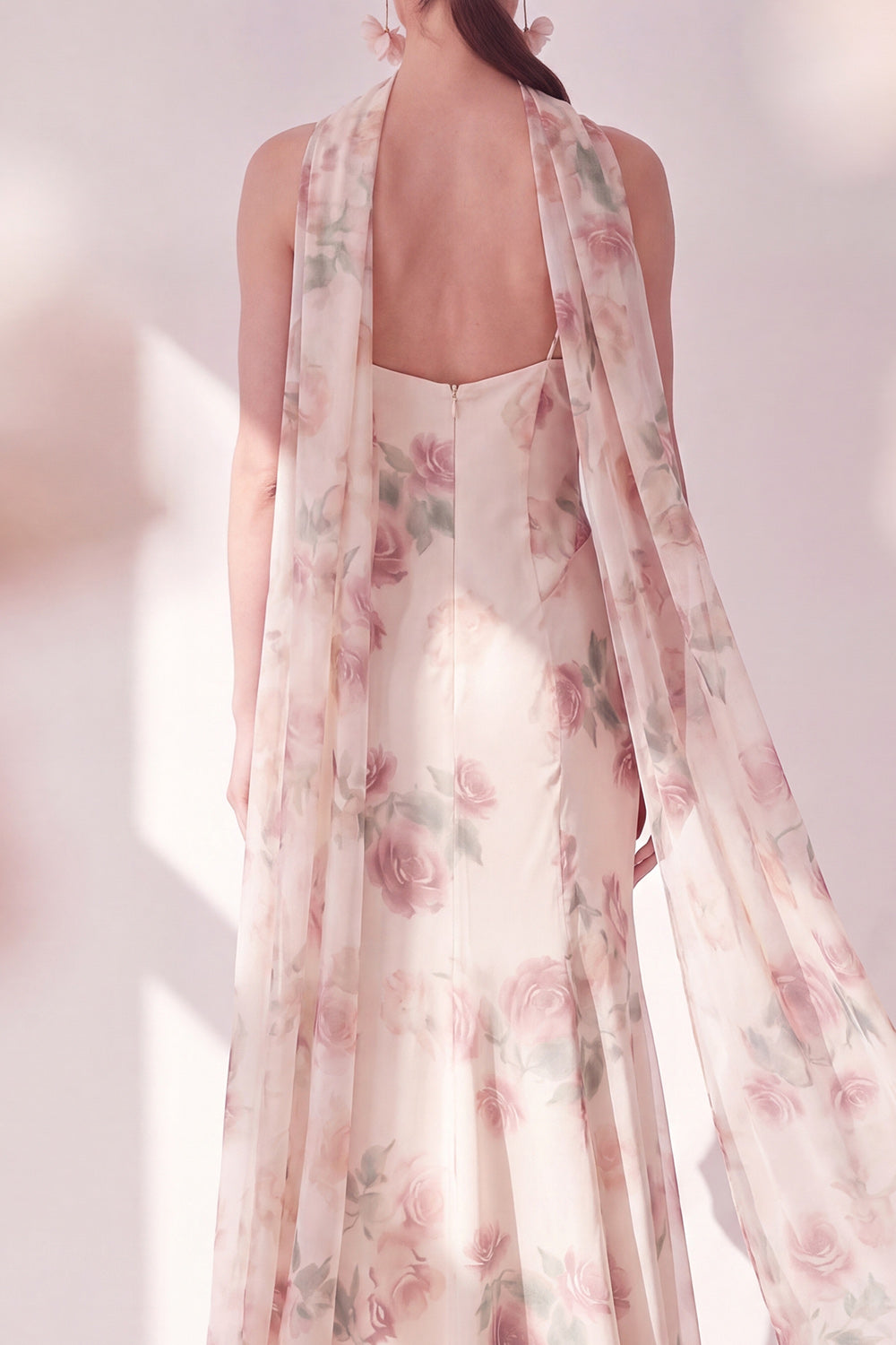 Spaghetti Straps Apricot Floral Maxi Formal Dress with Slit