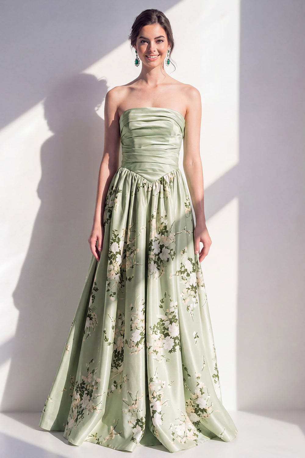 Strapless Sage Green Floral Ruched A Line Long Formal Dress