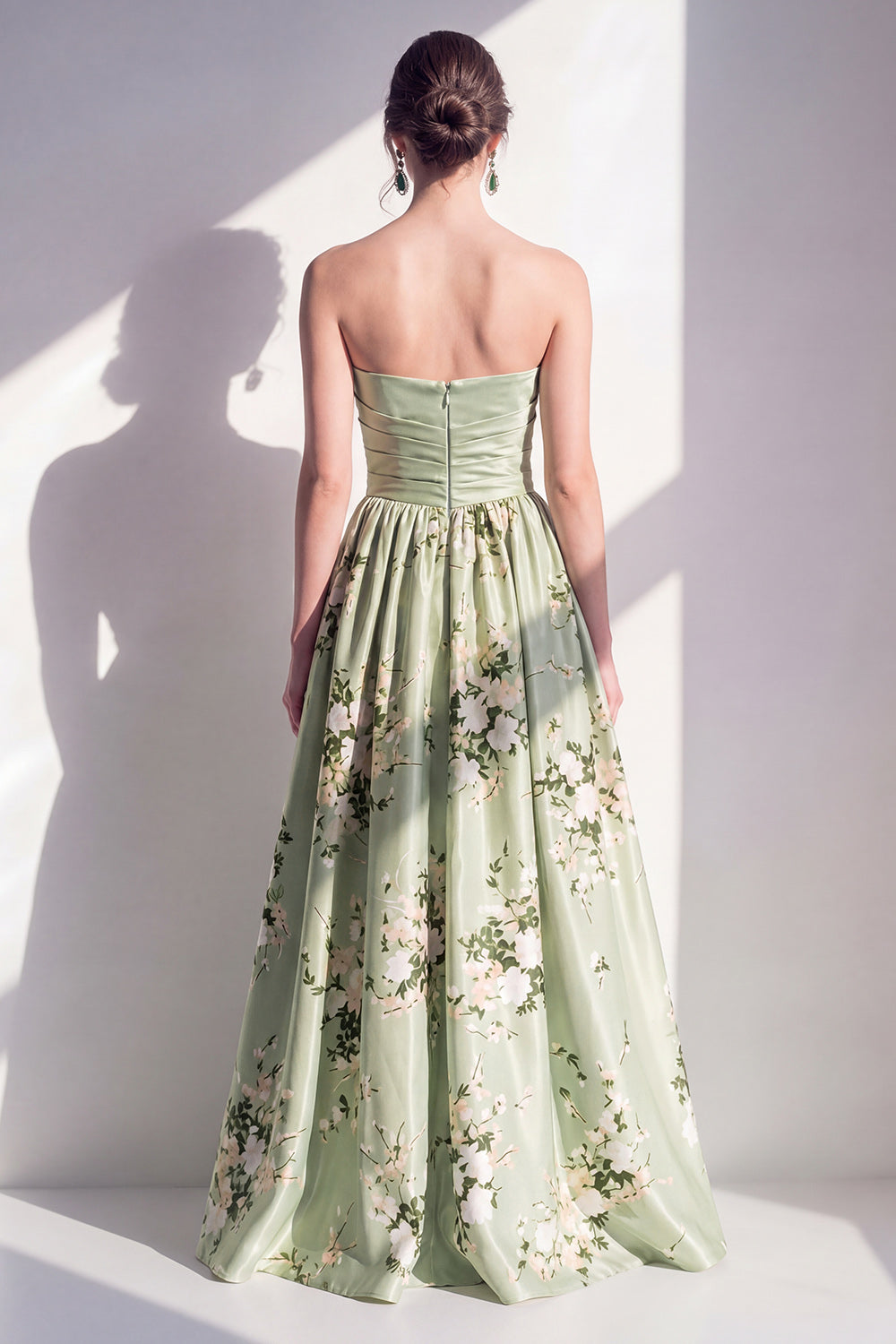 Strapless Sage Green Floral Ruched A Line Long Formal Dress