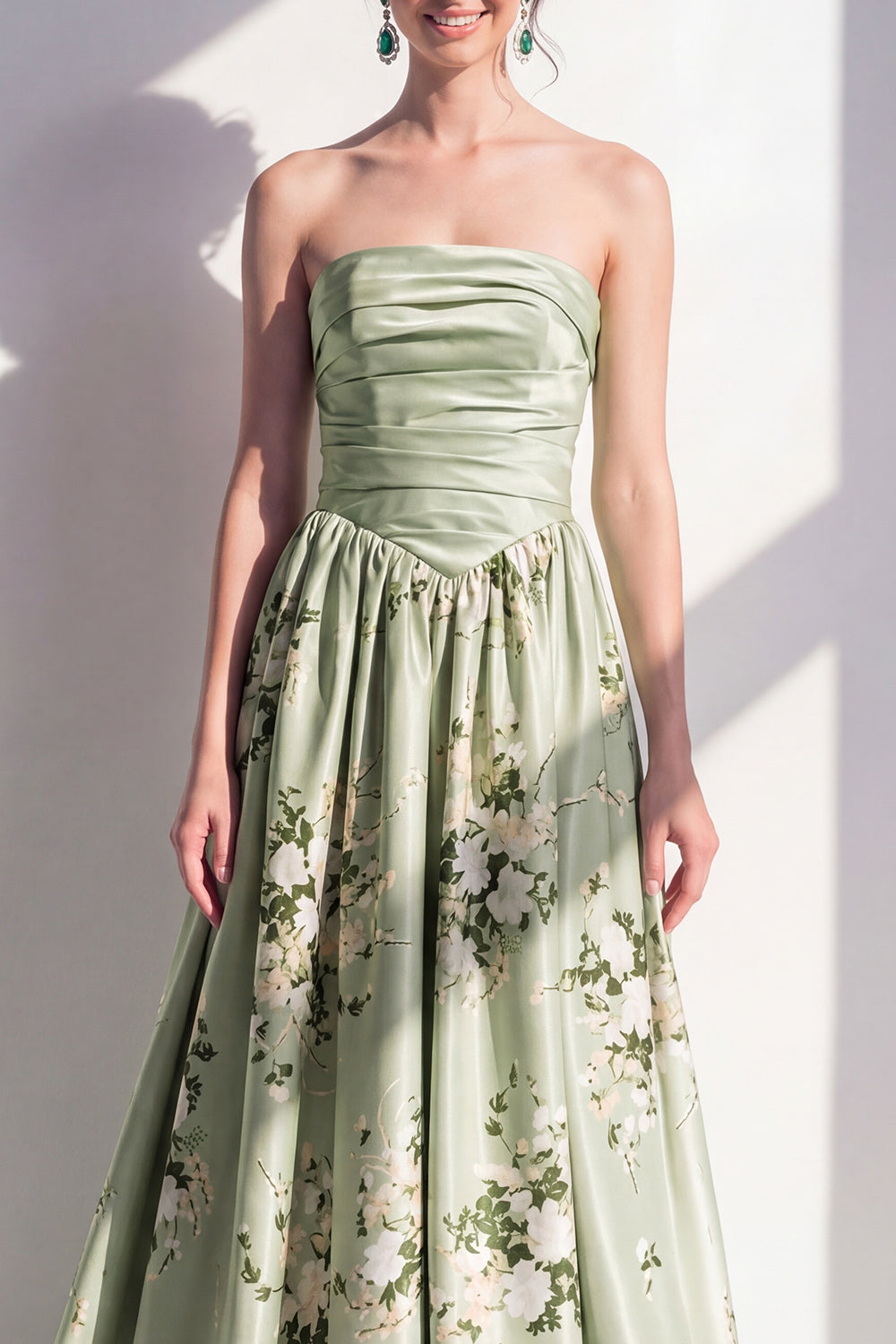 Strapless Sage Green Floral Ruched A Line Long Formal Dress