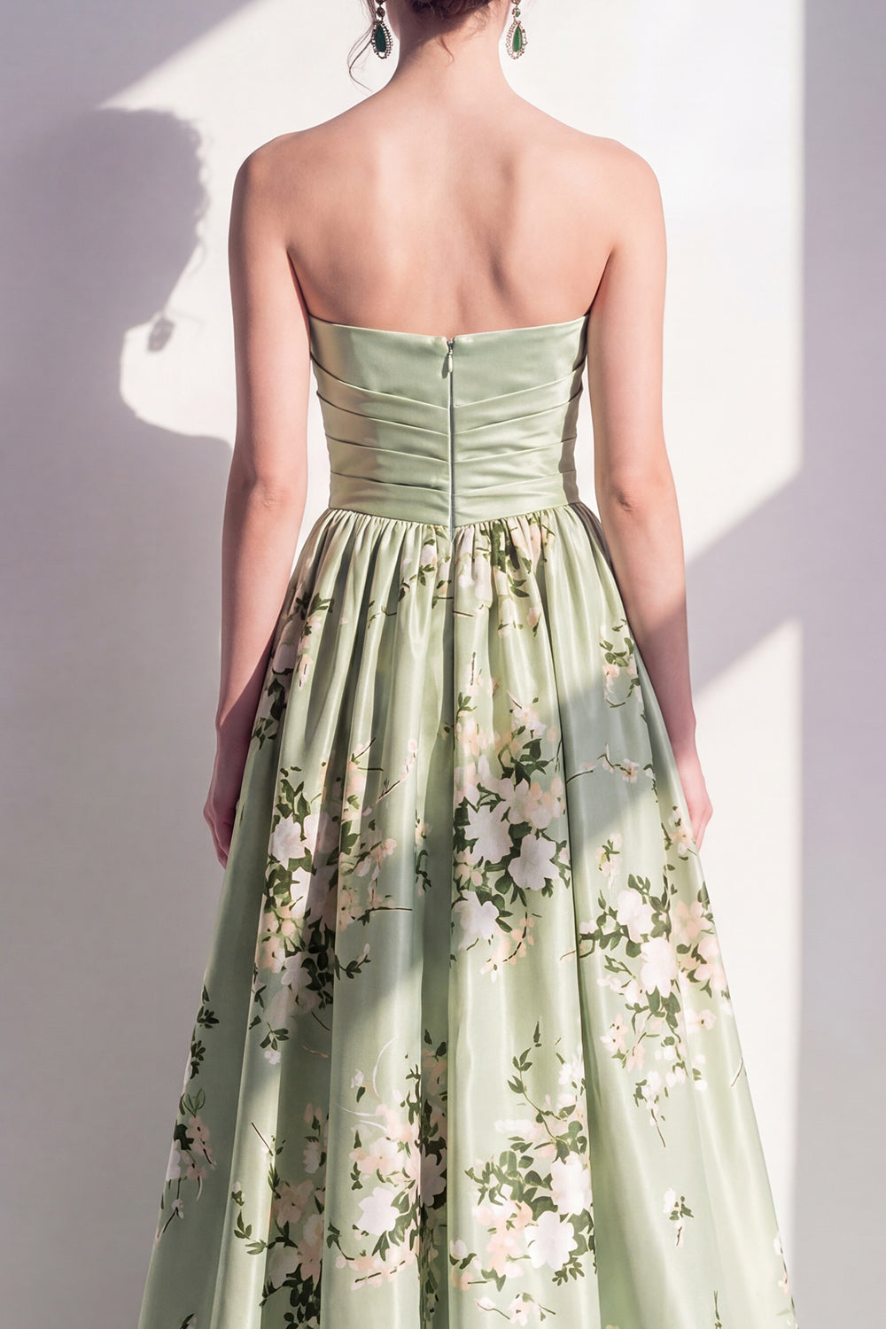 Strapless Sage Green Floral Ruched A Line Long Formal Dress
