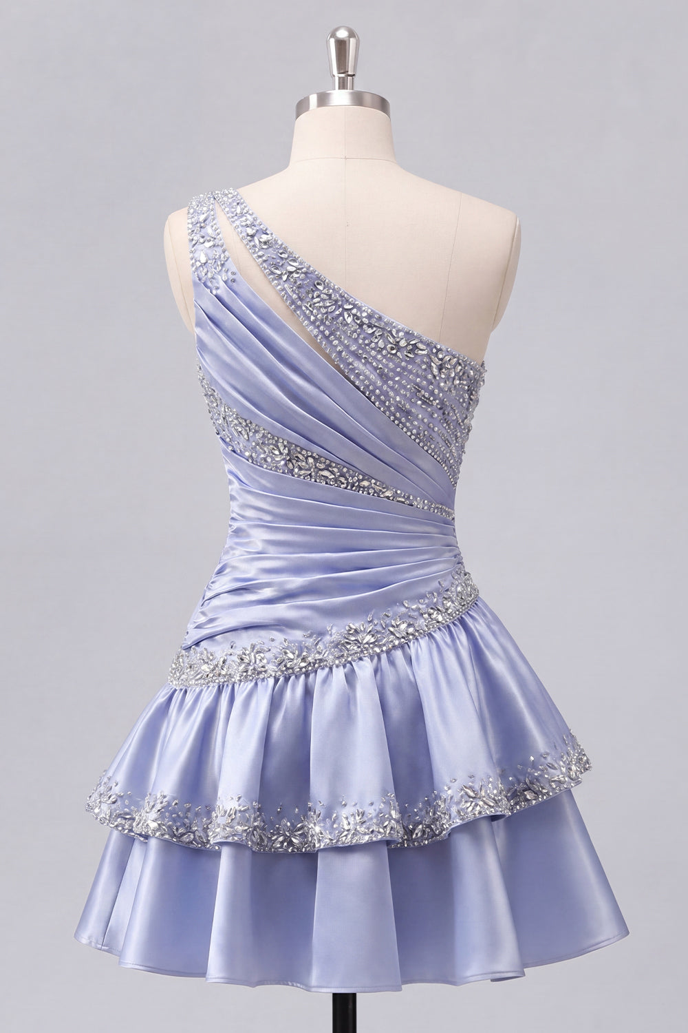 Sparkly Grey Blue Rhinestones A Line Short Ruched Homecoming Dress with Ruffles