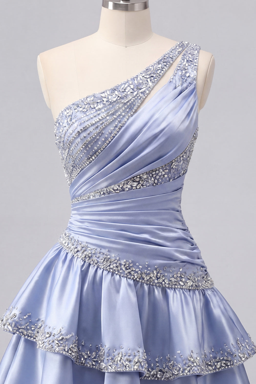 Sparkly Grey Blue Rhinestones A Line Short Ruched Homecoming Dress with Ruffles