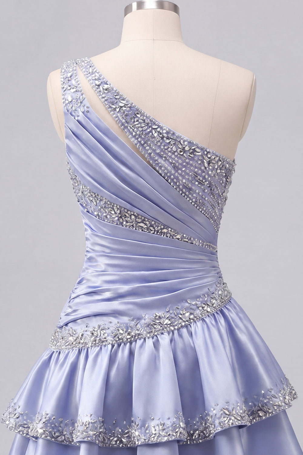 Sparkly Grey Blue Rhinestones A Line Short Ruched Homecoming Dress with Ruffles