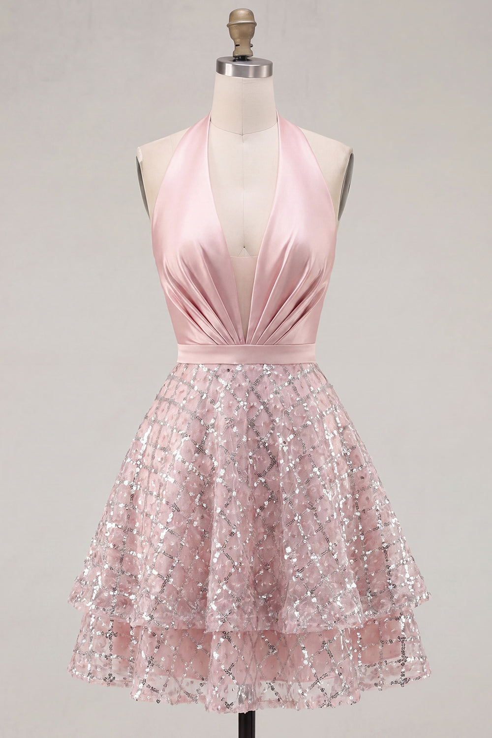 Sparkly Blush Halter Short A Line Beaded Homecoming Dress with Ruffles