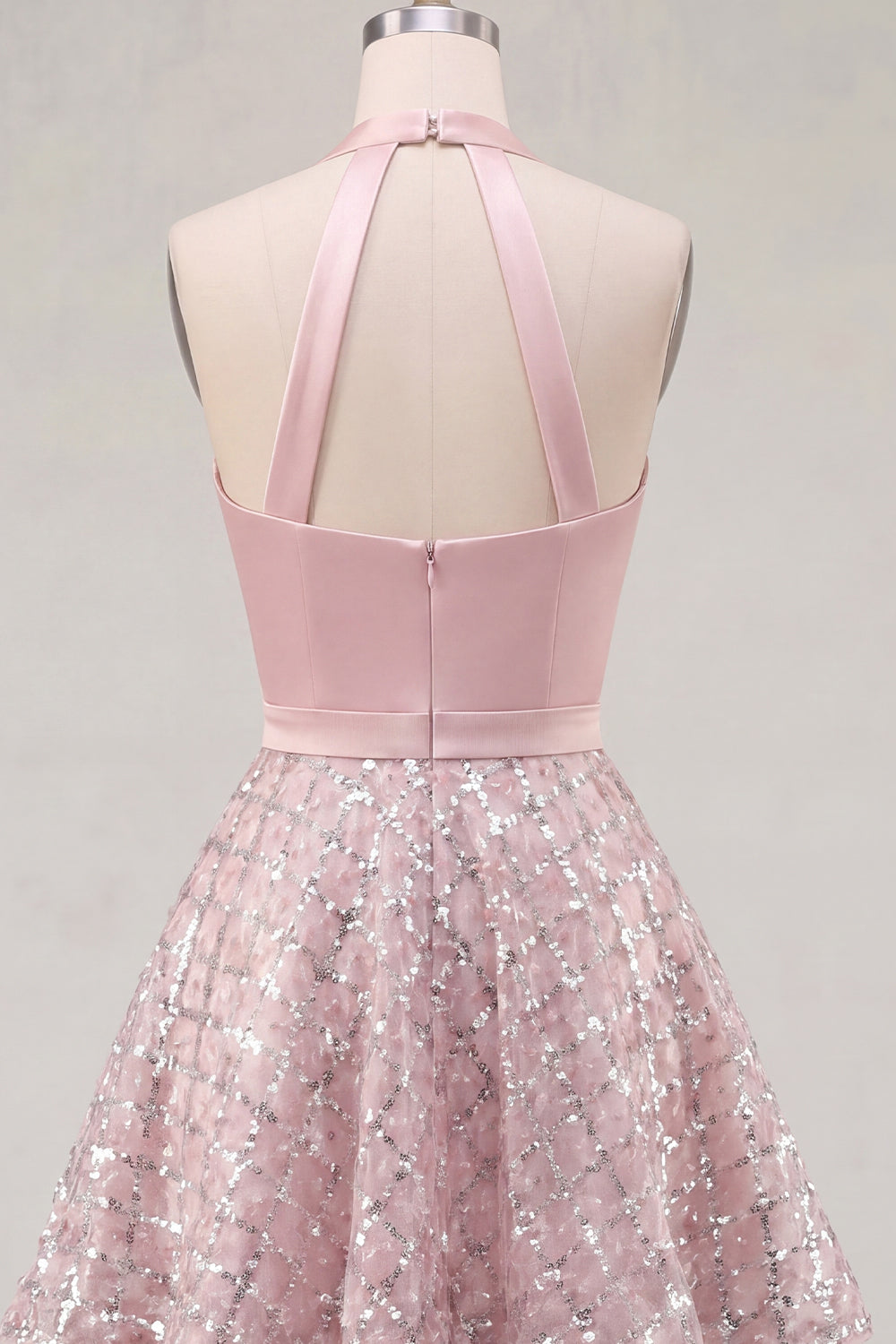Sparkly Blush Halter Short A Line Beaded Homecoming Dress with Ruffles