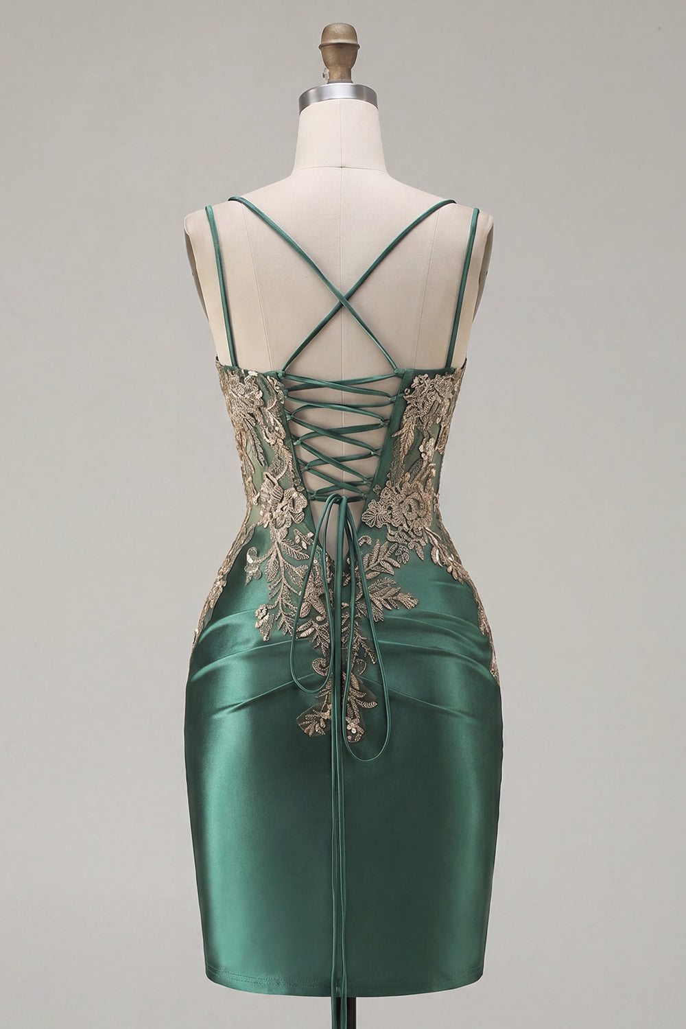 Appliqued Tight Short Corset Sparkly Dark Green Ruched Homecoming Dress with Slit