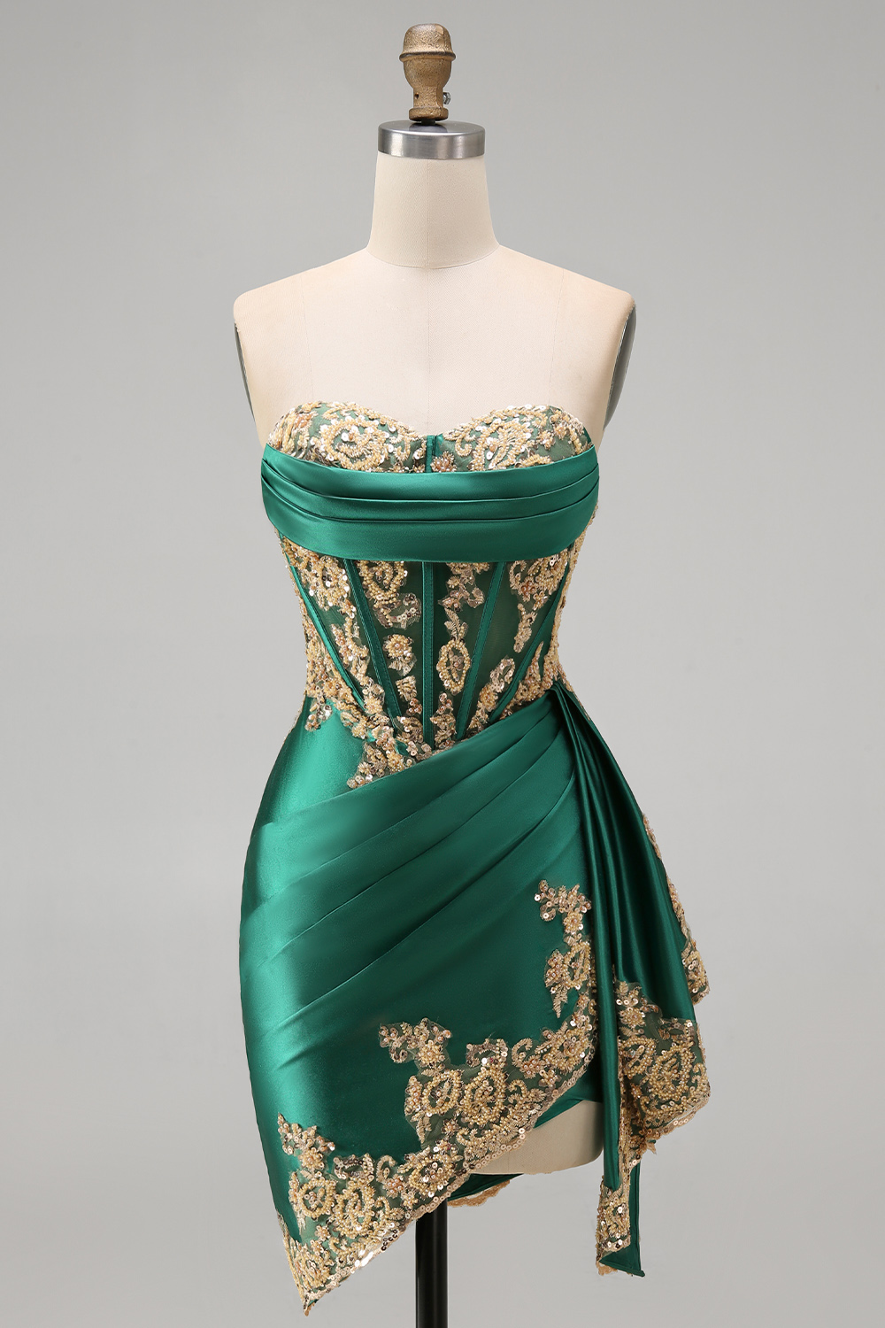 Appliqued Strapless Corset Ruched Short Sparkly Dark Green Homecoming Dress with Ruffles
