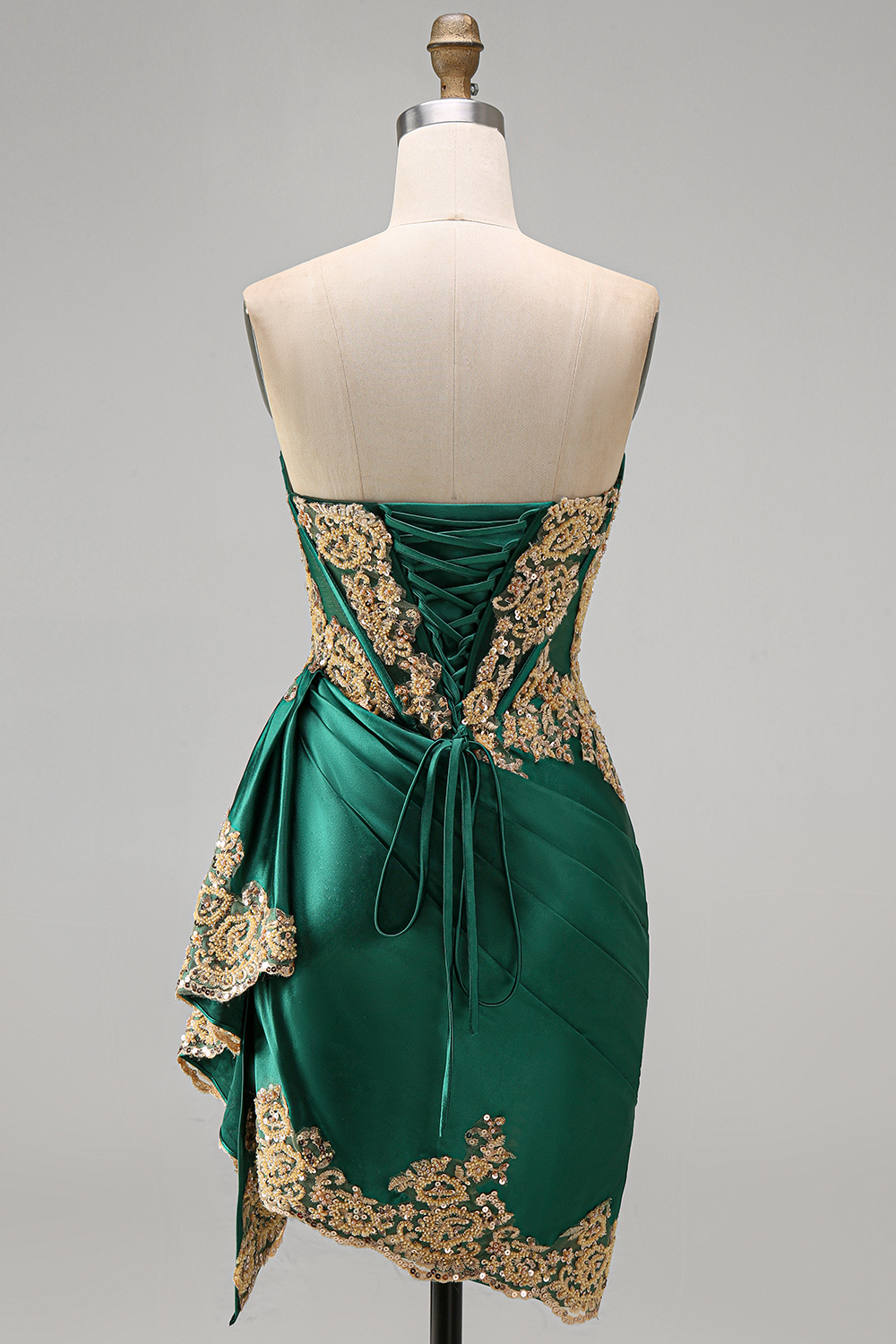 Appliqued Strapless Corset Ruched Short Sparkly Dark Green Homecoming Dress with Ruffles