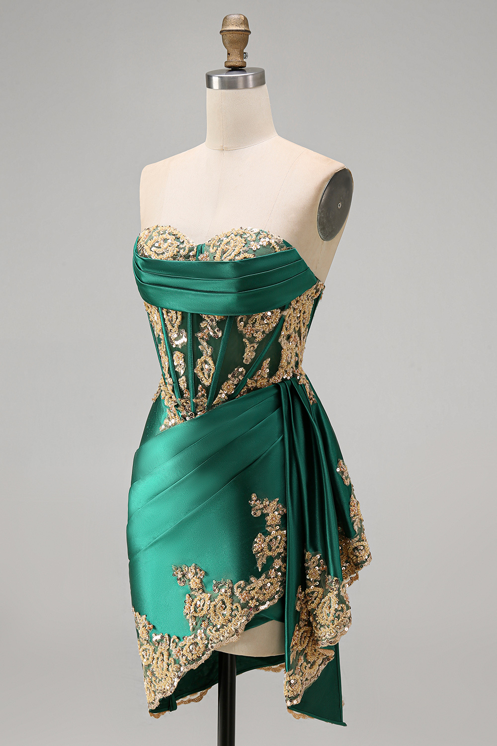 Appliqued Strapless Corset Ruched Short Sparkly Dark Green Homecoming Dress with Ruffles