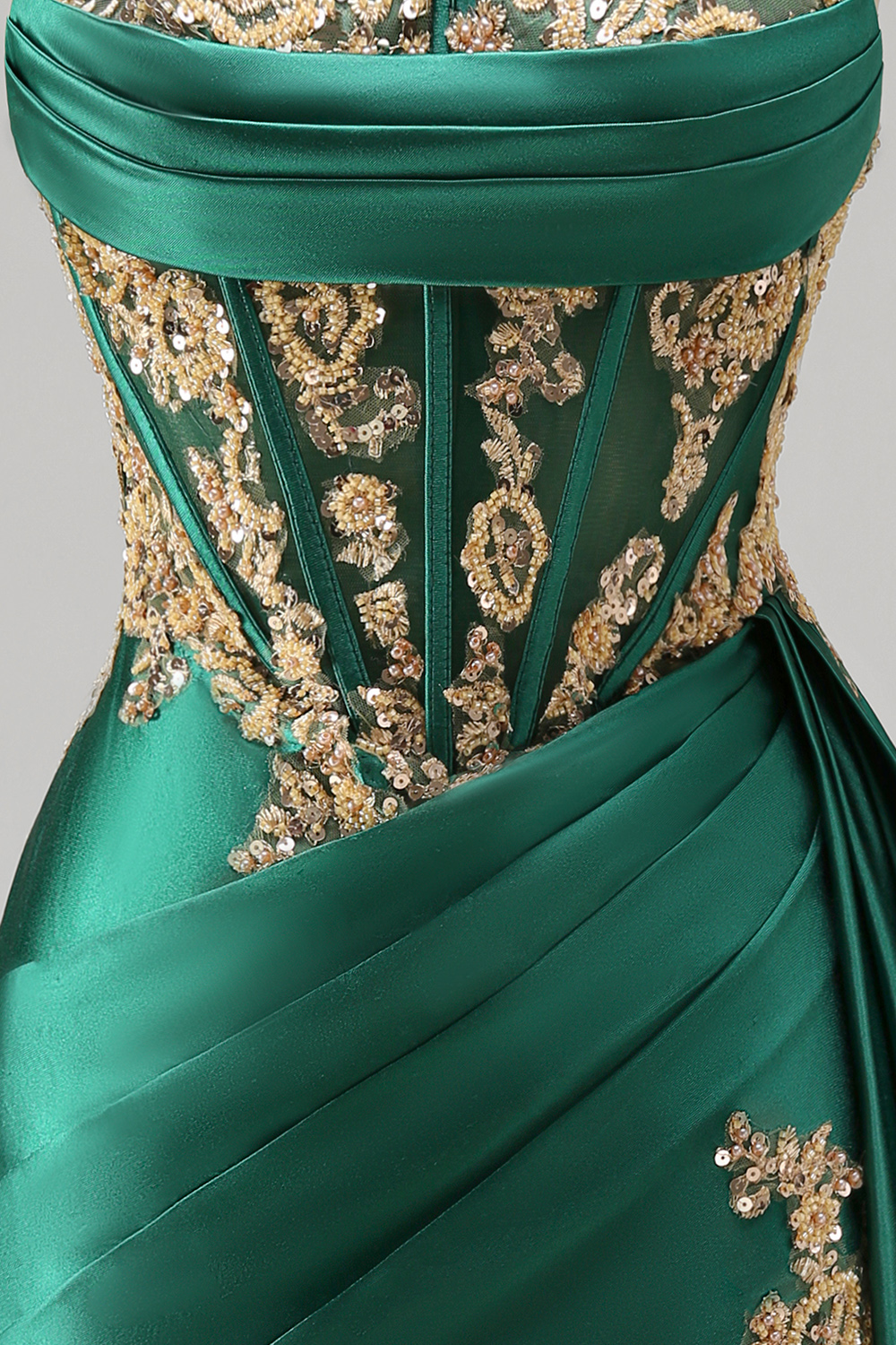Appliqued Strapless Corset Ruched Short Sparkly Dark Green Homecoming Dress with Ruffles