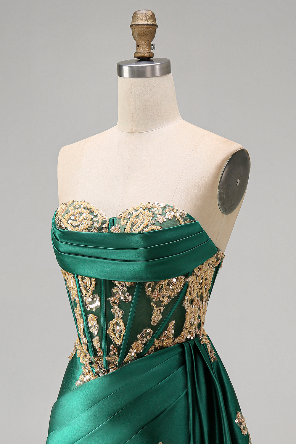 Appliqued Strapless Corset Ruched Short Sparkly Dark Green Homecoming Dress with Ruffles