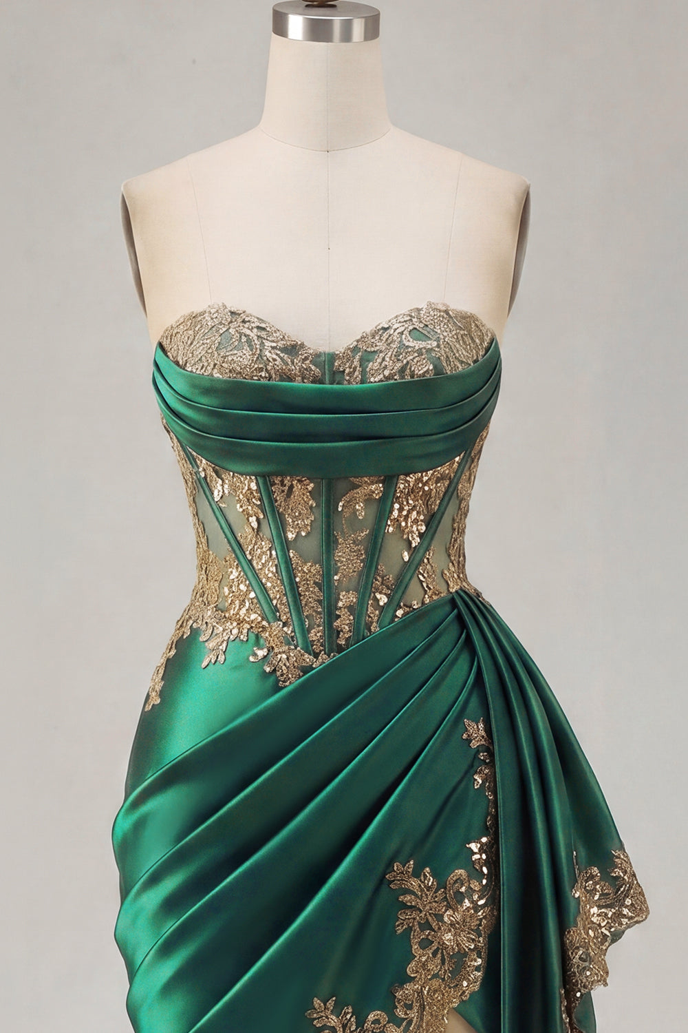 Appliqued Strapless Corset Ruched Short Sparkly Dark Green Homecoming Dress with Ruffles