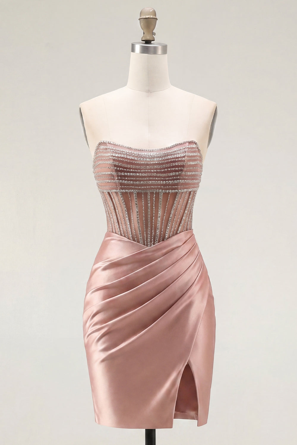 Sparkly Blush Corset Tight Short Strapless Ruched Homecoming Dress with Slit