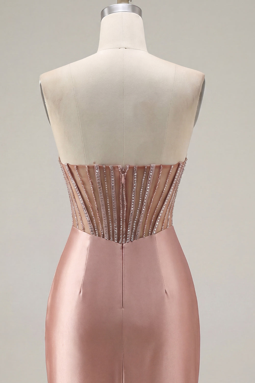 Sparkly Blush Corset Tight Short Strapless Ruched Homecoming Dress with Slit