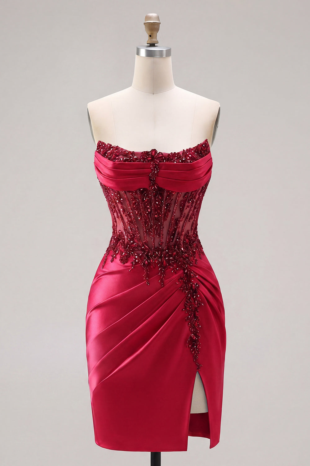 Sparkly Burgundy Corset Tight Short Beaded Ruched Homecoming Dress with Slit