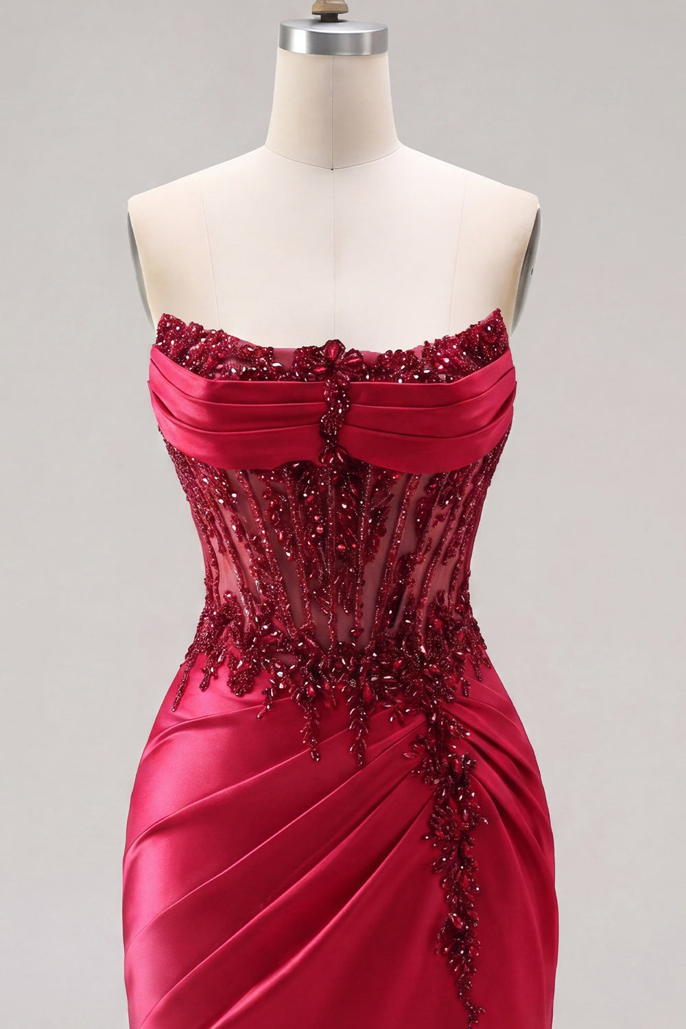 Sparkly Burgundy Corset Tight Short Beaded Ruched Homecoming Dress with Slit