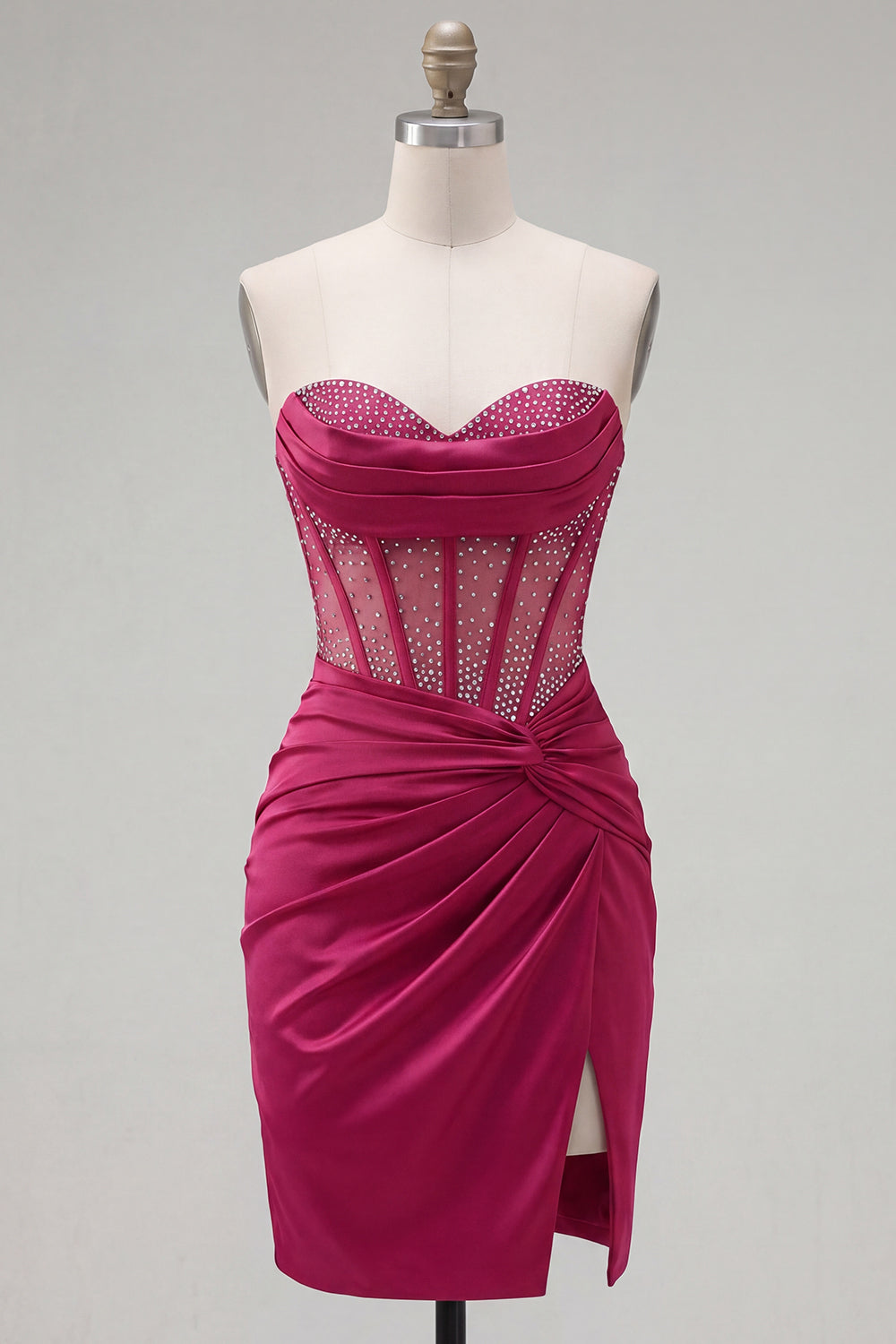 Tight Short Ruched Burgundy Corset Strapless Homecoming Dress with Beading